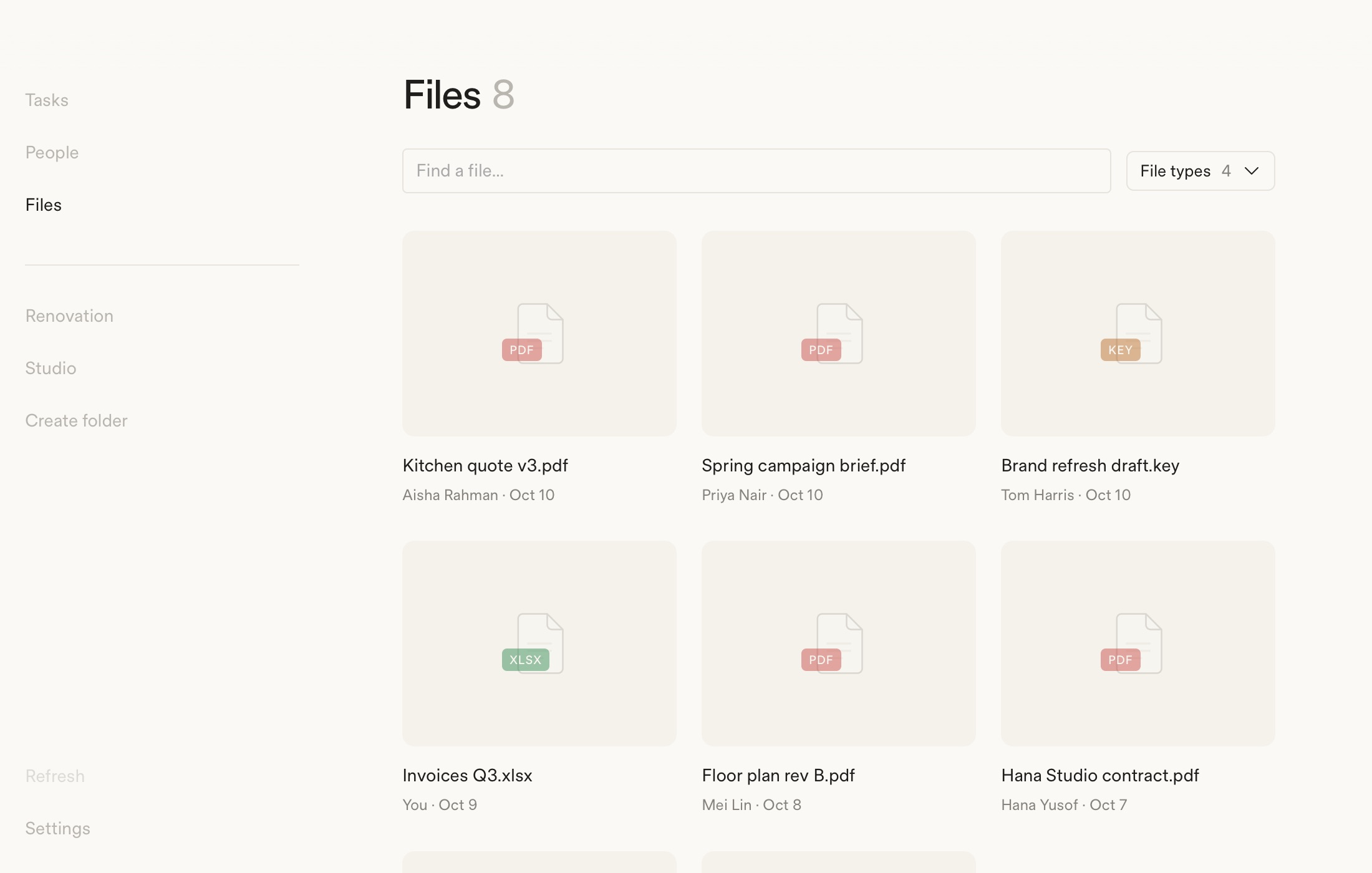 Gather’s Files view: quotes, contracts and spreadsheets from every chat, with who sent them and when