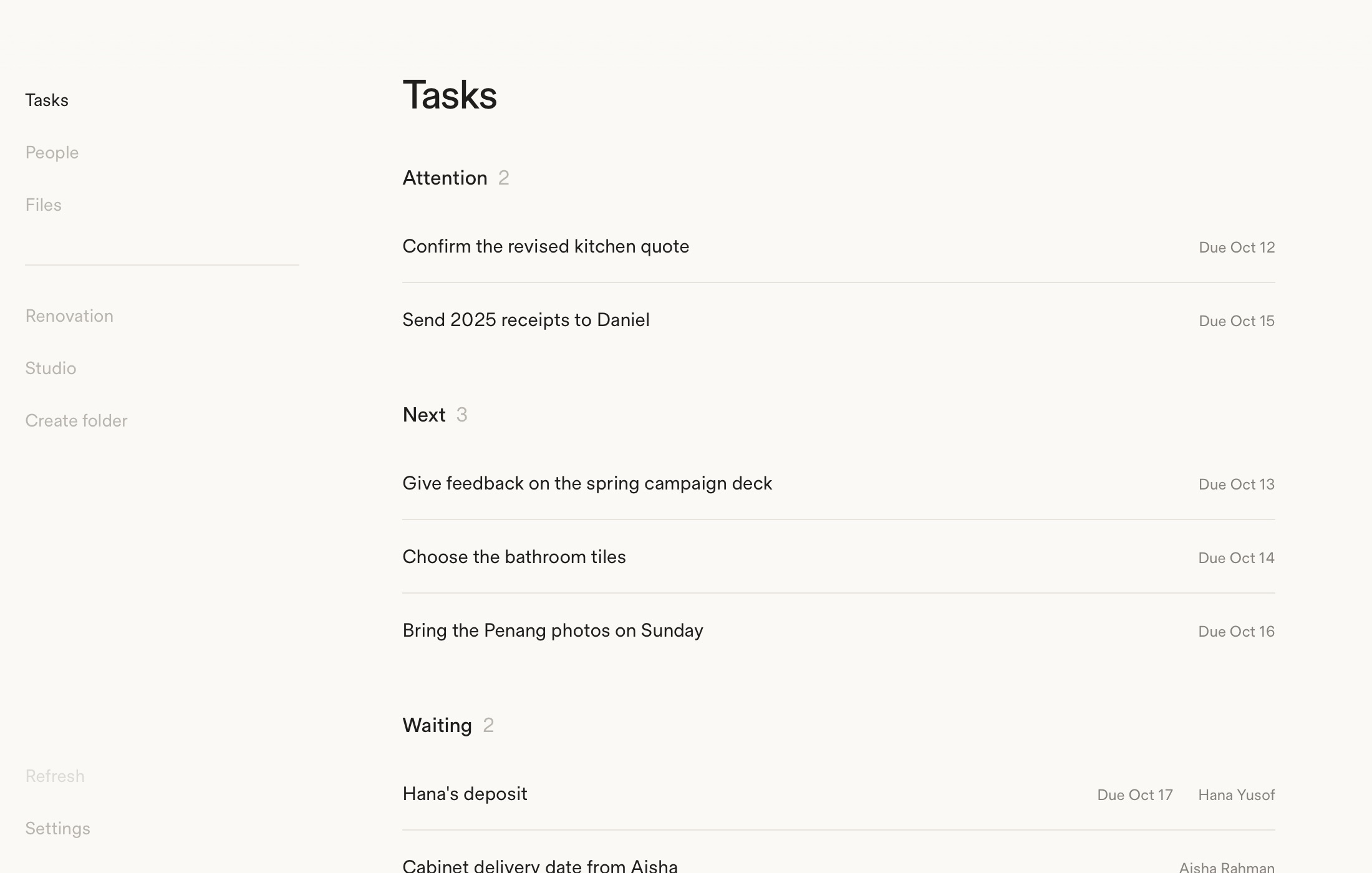 Gather’s Tasks view: tasks grouped into Attention, Next and Waiting, each with a due date